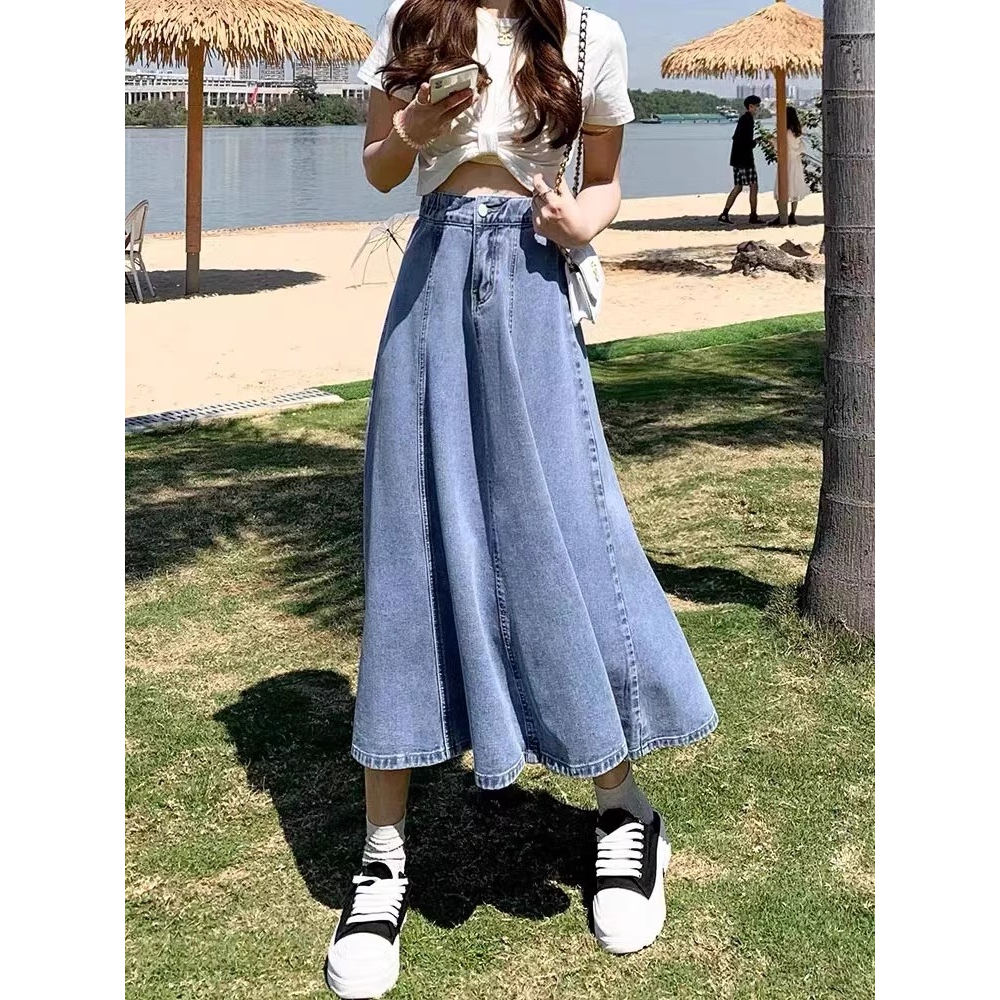 READY STOCK Women Plus Size Denim Jeans Elastic High Waist Stretchable A Shape Maxi Long Skirt Size XS 3XL