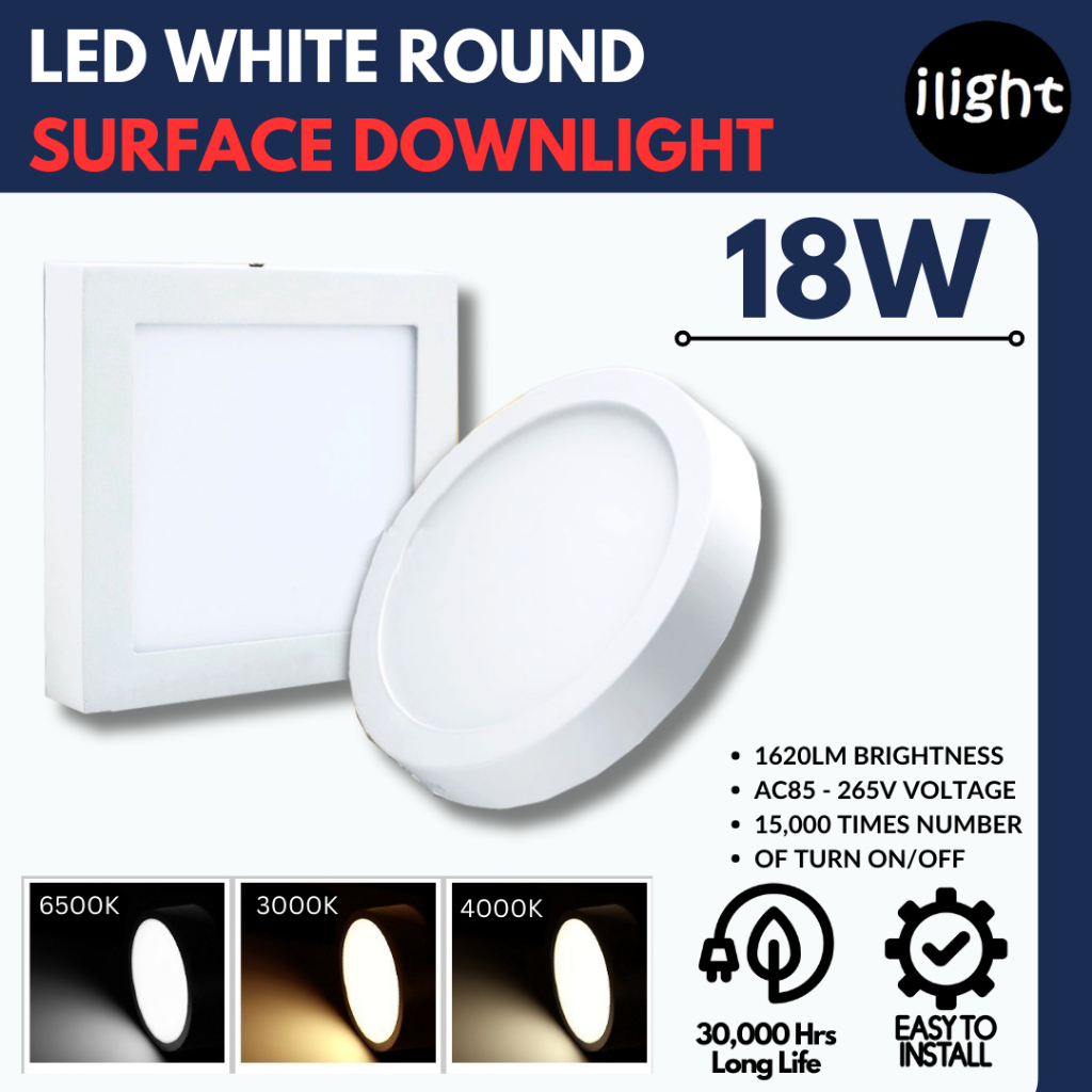 LED Round Surface Downlight 18W 7 Inches Downlight White Plastic Casing ...