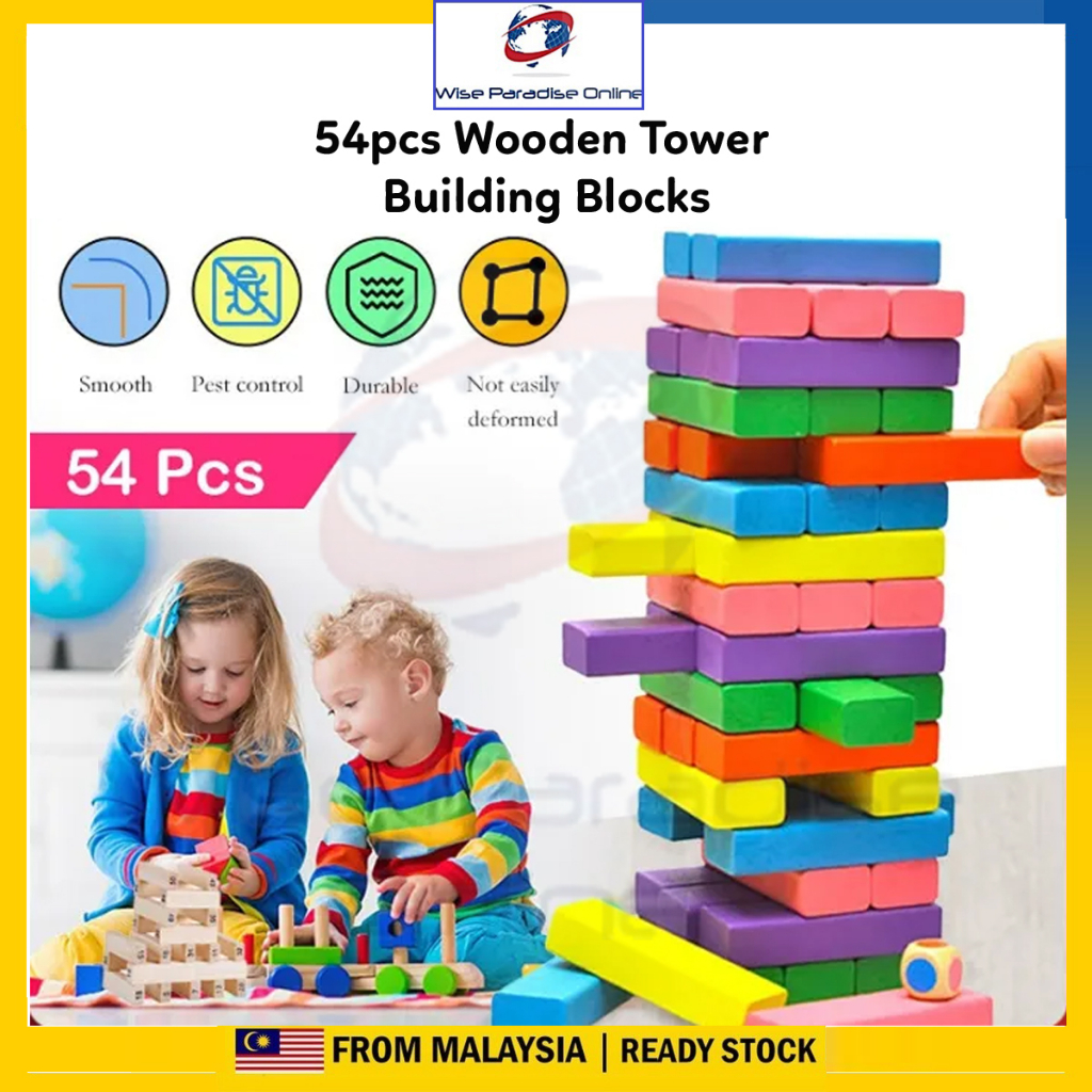 54Pcs Wooden Tower Building Blocks Toy Rainbow Domino Stacker Board ...