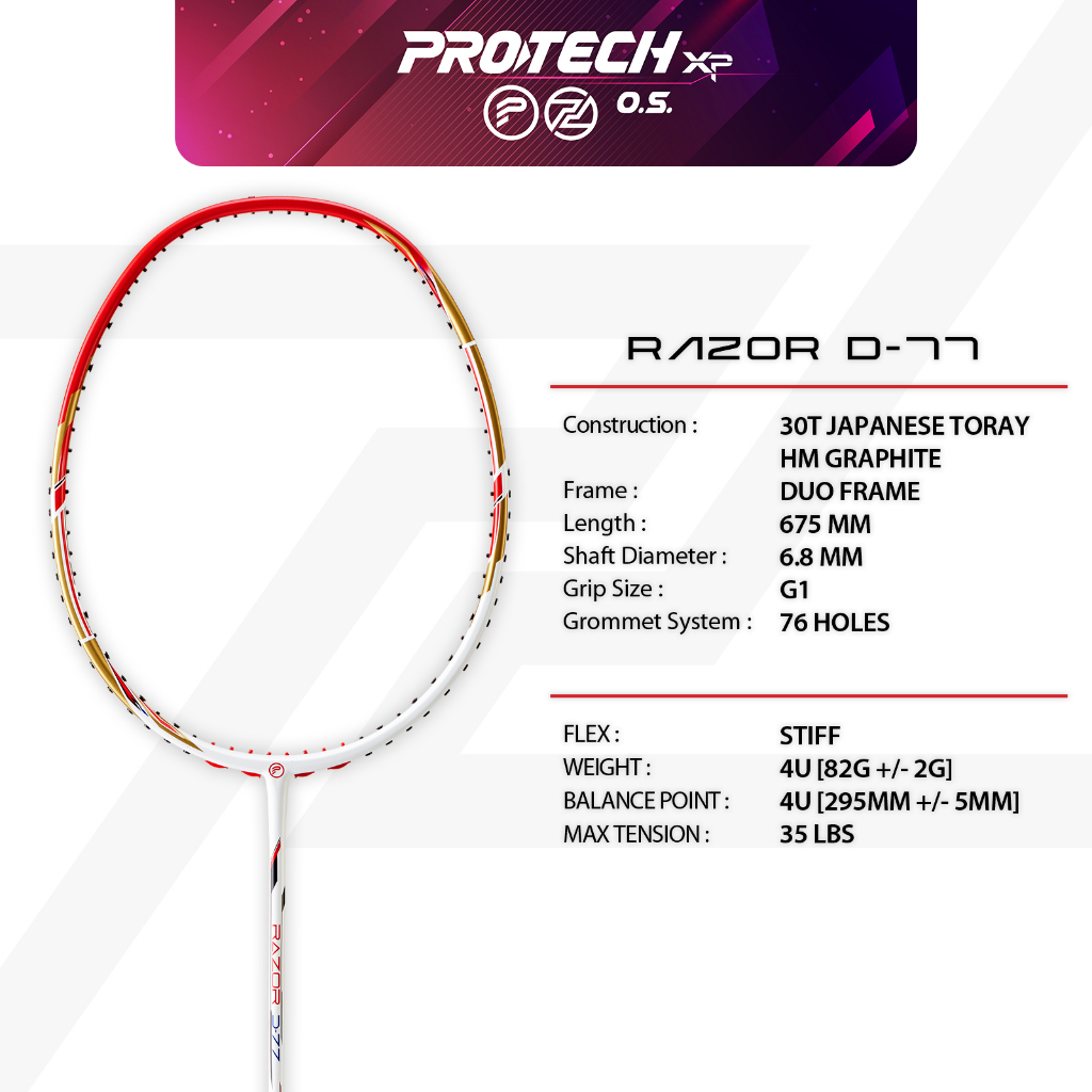 PROTECH Badminton Racket Razor D-77 Duo Frame (4UG1) (MAX 35LBS) (FREE ...