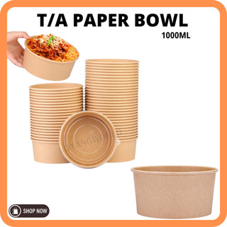 (1000ml) Disposable Round Paper Bowl Kraft With Lid Food Bekas Take ...