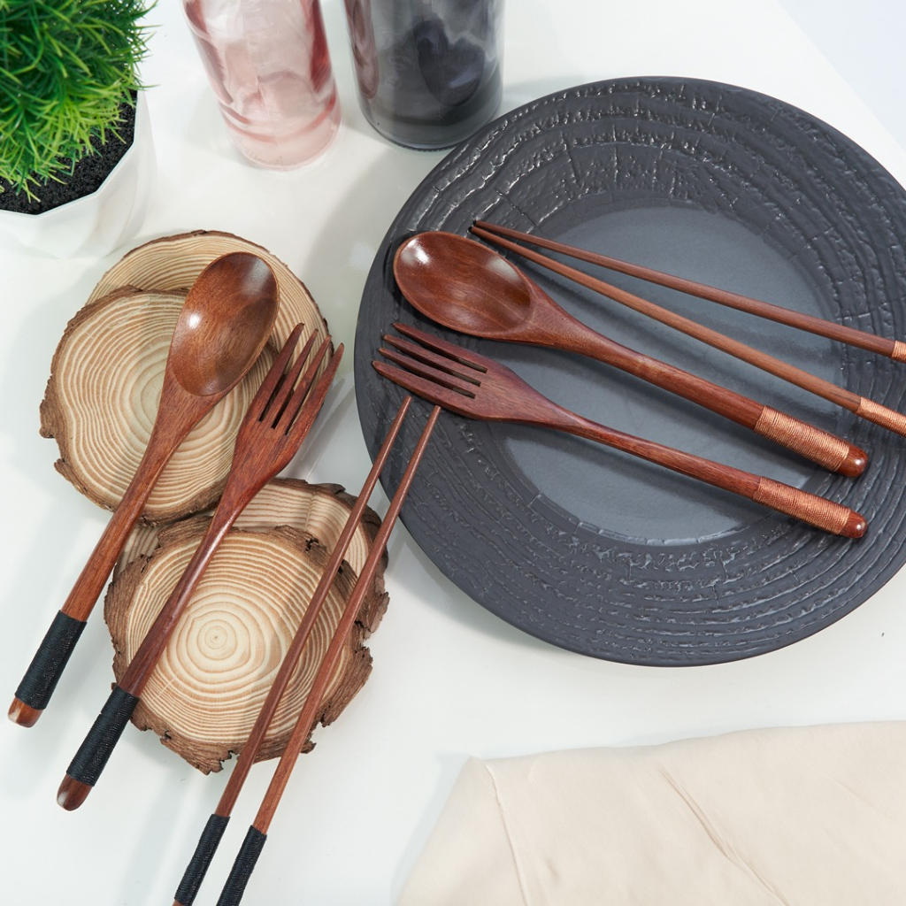 Japanese Style Wooden Spoon Fork Chopstick | Long Handle Portable ...