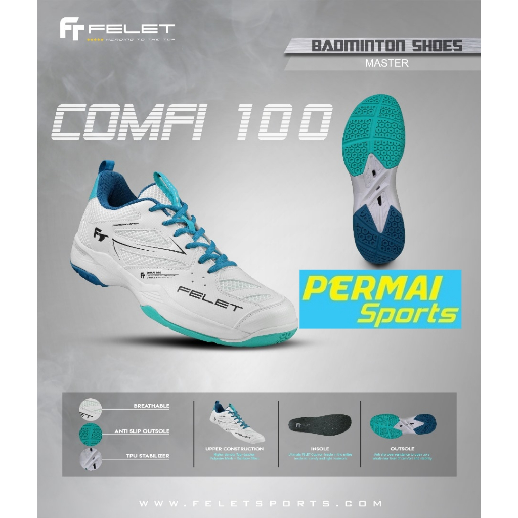 FELET Professional Badminton Shoe Comfi 100 (White) & (Black) | Shopee ...