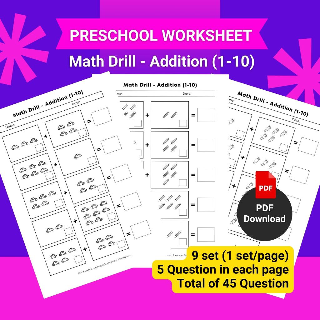 [SOFTCOPY PDF] Math Drill - Addition (1 to 10) Preschool Worksheet ...