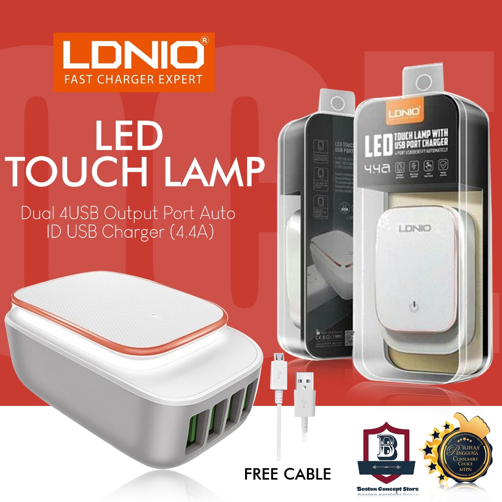 LDNIO A4405 LED Touch Lamp Dual 4USB Output Port Auto ID USB Charger (4 ...