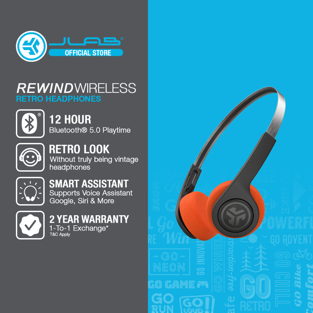 JLab Rewind Wireless Retro Headphones Bluetooth 4.2 Rapid Charging with