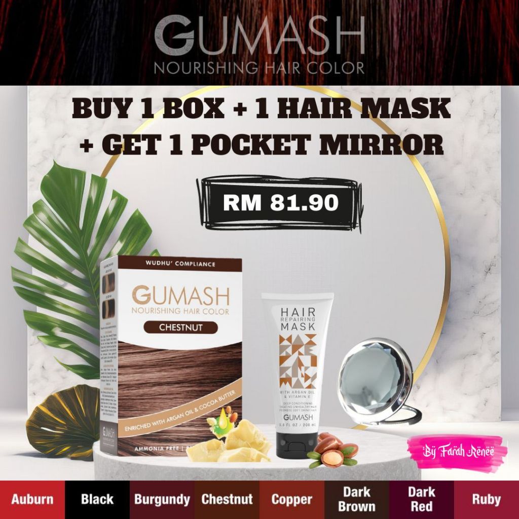 Free Gifts GUMASH Hair Colour Pewarna Rambut Patuh Syariah Sah Solat Inai Rambut Halal Hair Colouring Henna Mask Serum