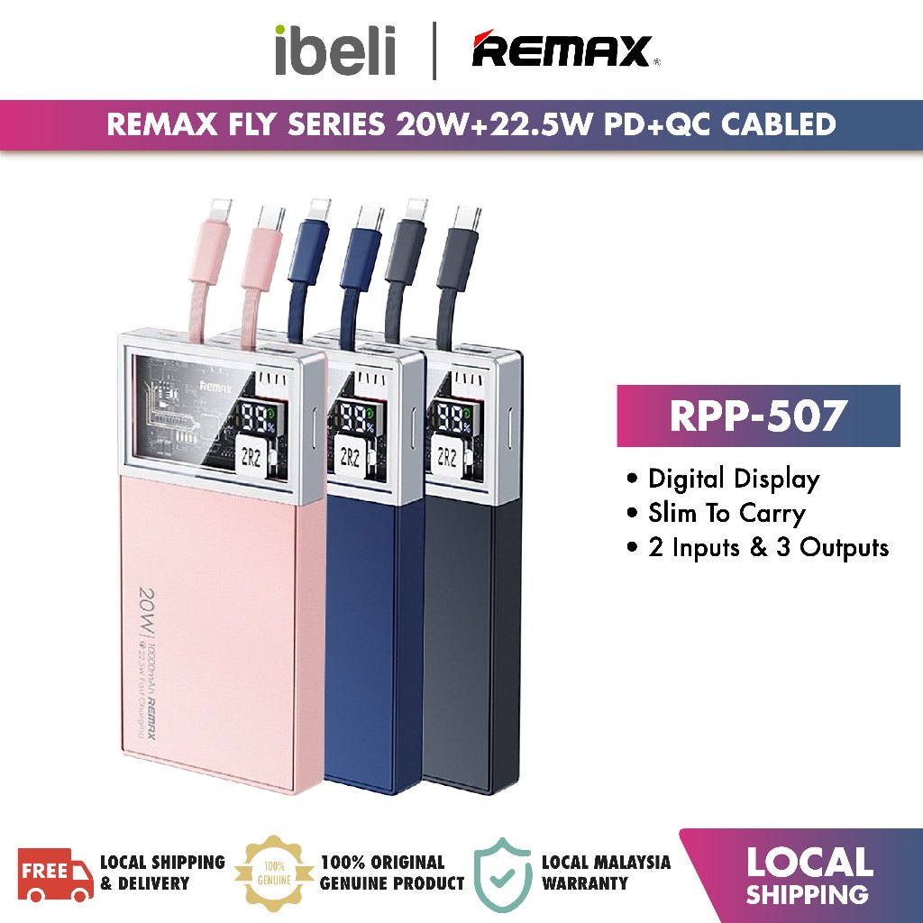 REMAX RPP-507 Fly Series 20W+22.5W PD+QC Cabled Fast Charging Power ...