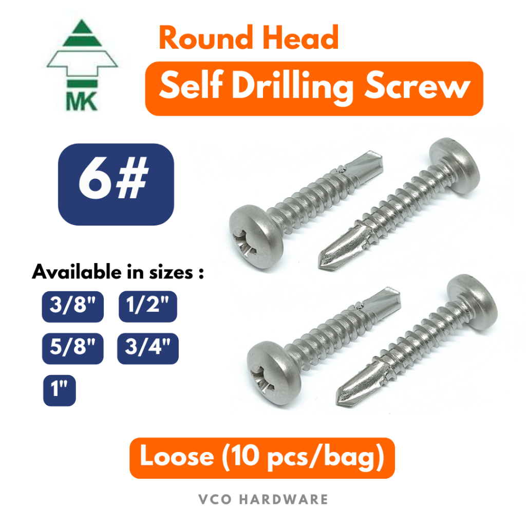 [ 10 PCS / 6# ] MK 6# Round Head Self Drilling Screw/Skru Besi/Mata ...
