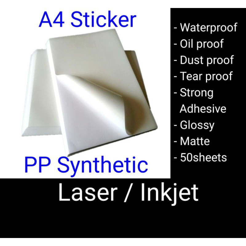 WATERPROOF STICKER - PP SYNTHETIC A4 (20 Sheets) for Inkjet Printer/  Pelekat Kalis Air