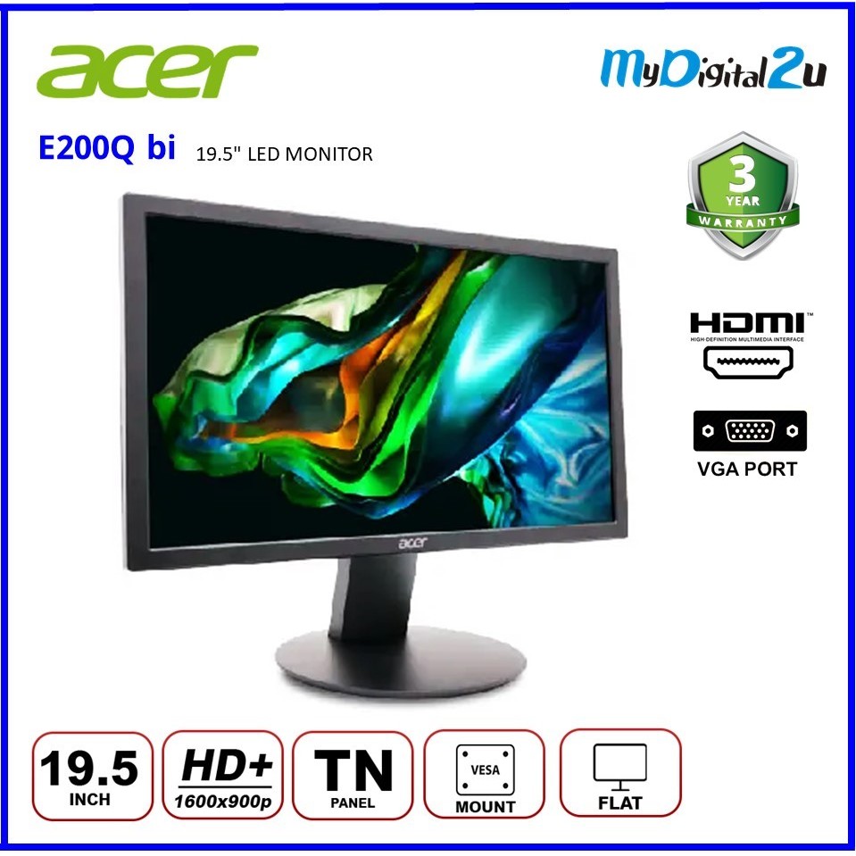 Acer 19.5'' LED Monitor E200Q HD LED Backlit Monitor TN, 75Hz, 1600 x ...