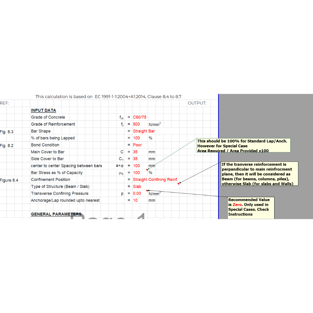 Anchorage & Lap Length Design Calculation Spreadsheet on Eurocode
