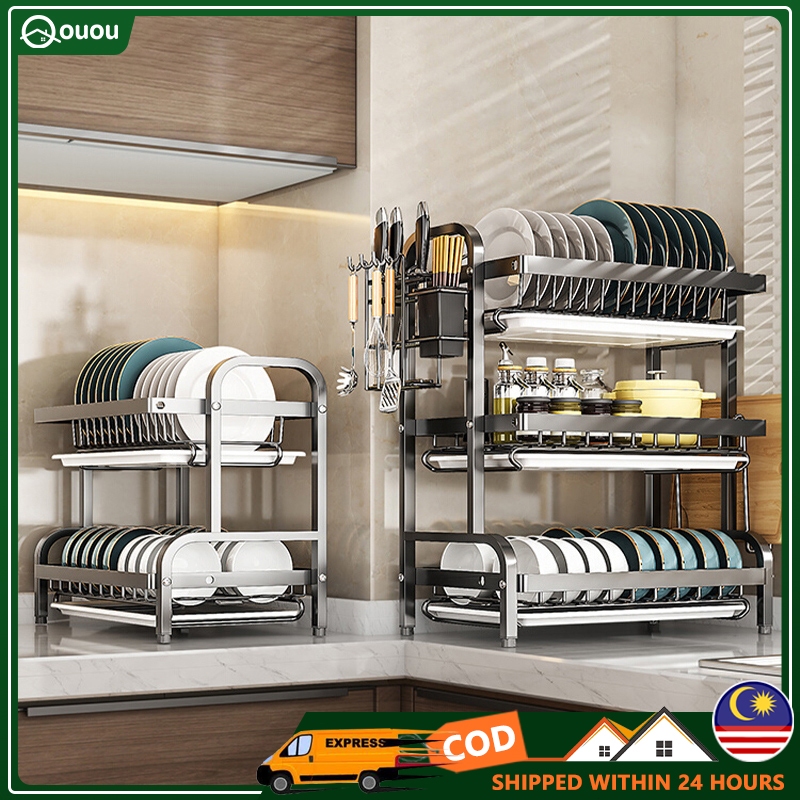 Pinggan Mangkuk Dish Rack Stainless Steel Rak Kitchen Dish Drainer Storage Rack With Accessories 5964