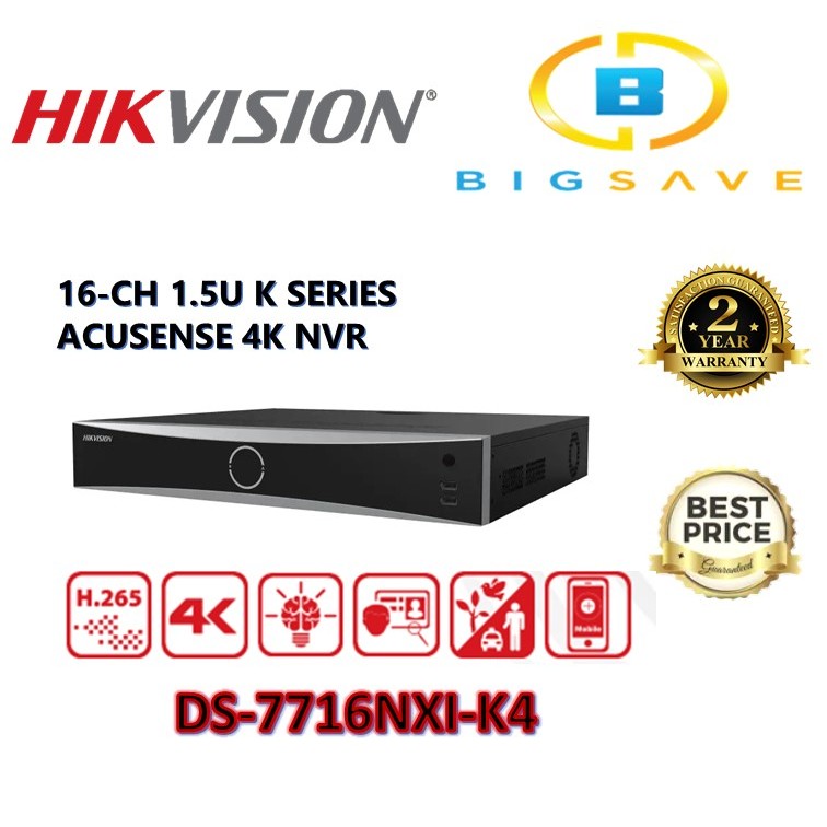 HIKVISION 16CH / 16 CHANNEL DS-7716NXI-K4 1.5U K SERIES ACUSENSE 4K NVR ...