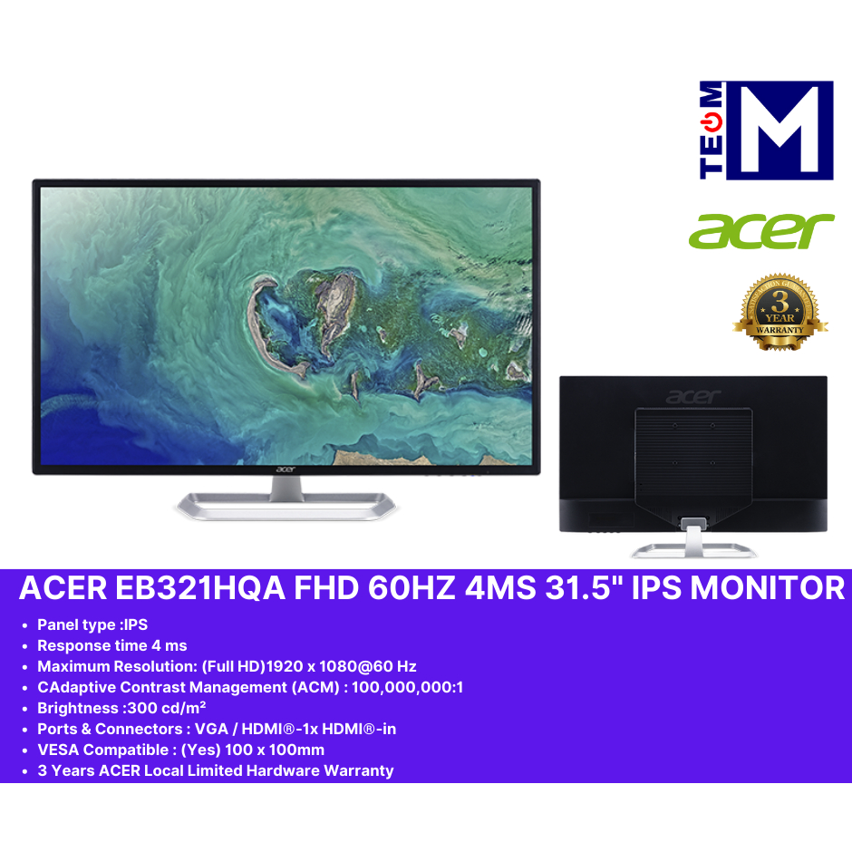 Acer EB321HQ Abi FHD 31.5" IPS LED Monitor ( 4MS / VGA / HDMI / 60HZ ...