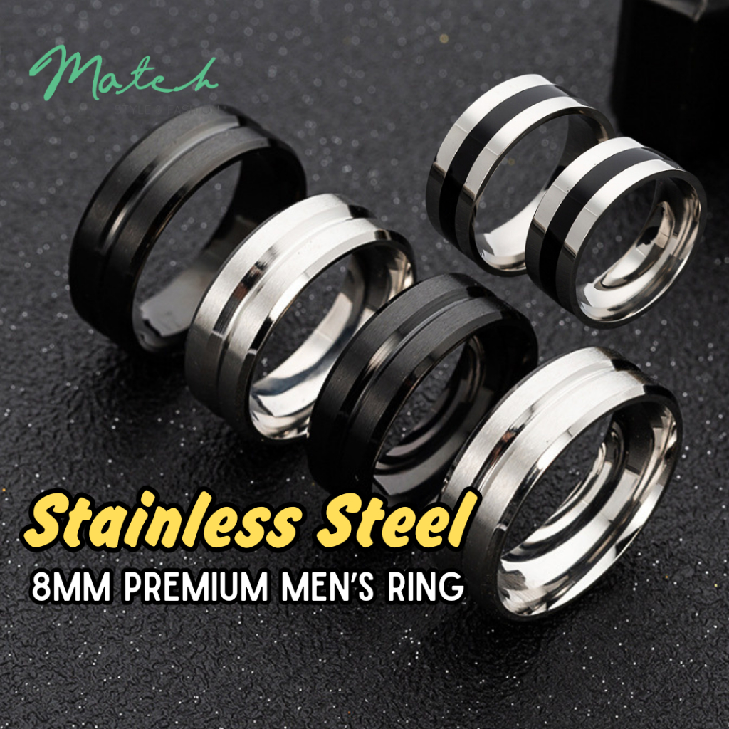 8mm Cool Shine Men Ring Titanium Rings Black Silver Stainless Steel ...