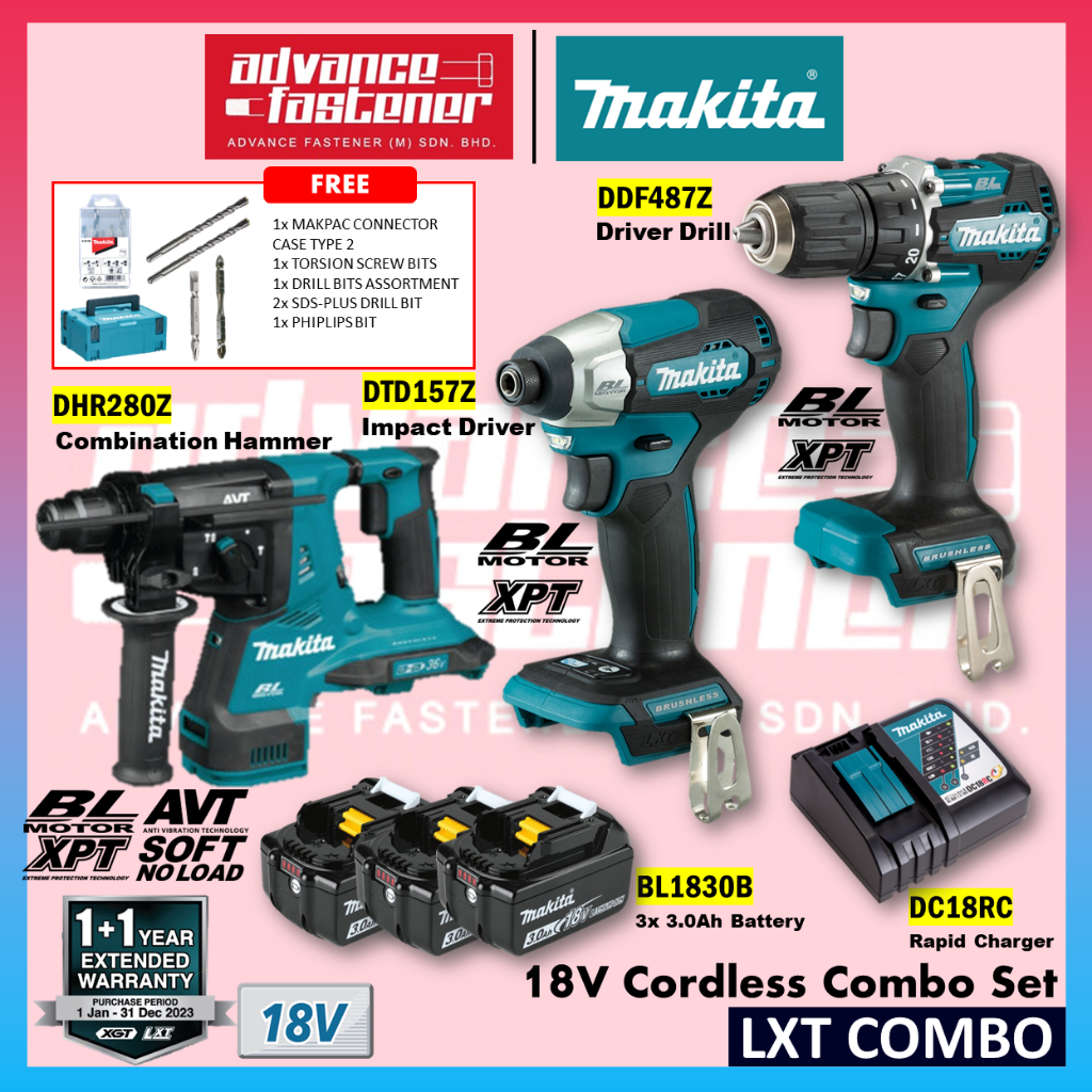 Makita 18v Lxt Cordless Combo Set Dhr280 Combination Hammer Ddf487 Driver Drill Dtd157