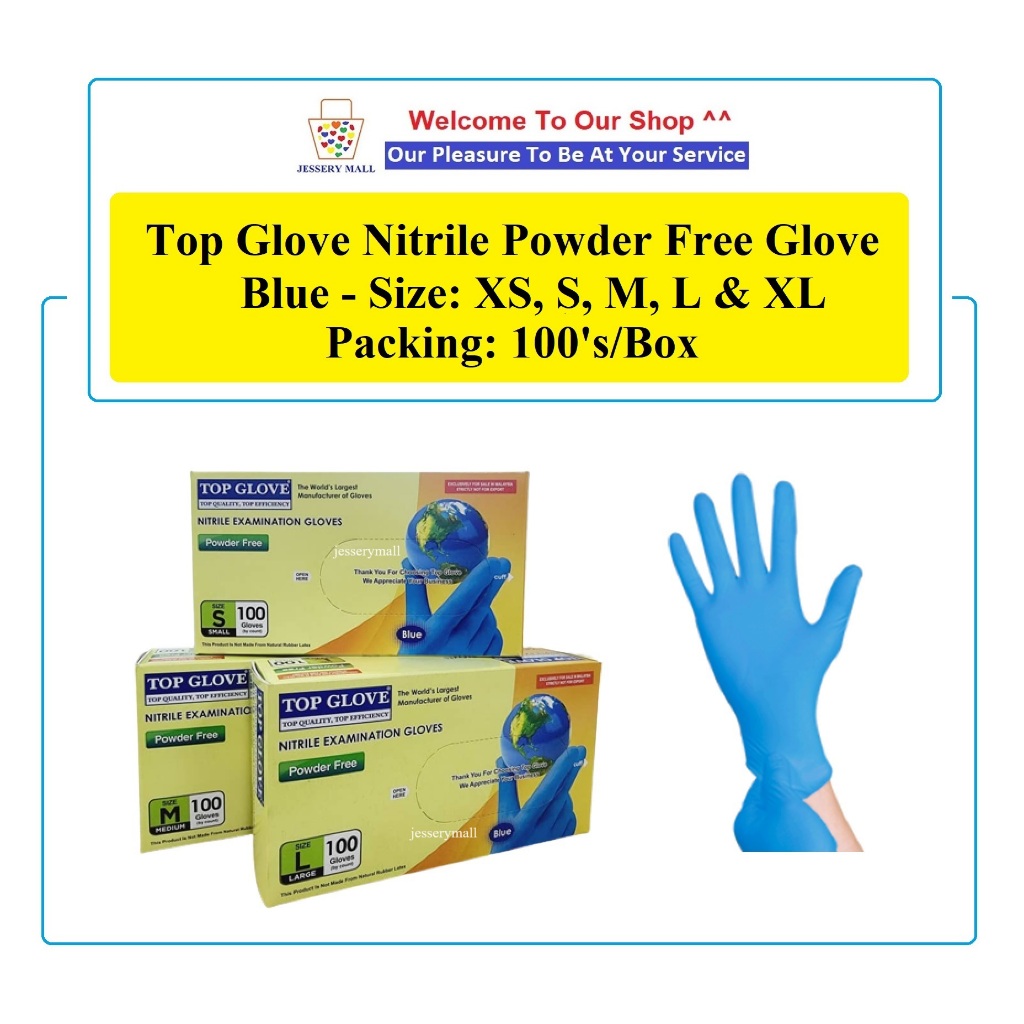 Top Glove Nitrile Powder Free Glove (Blue) Size XS, S, M, L, XL