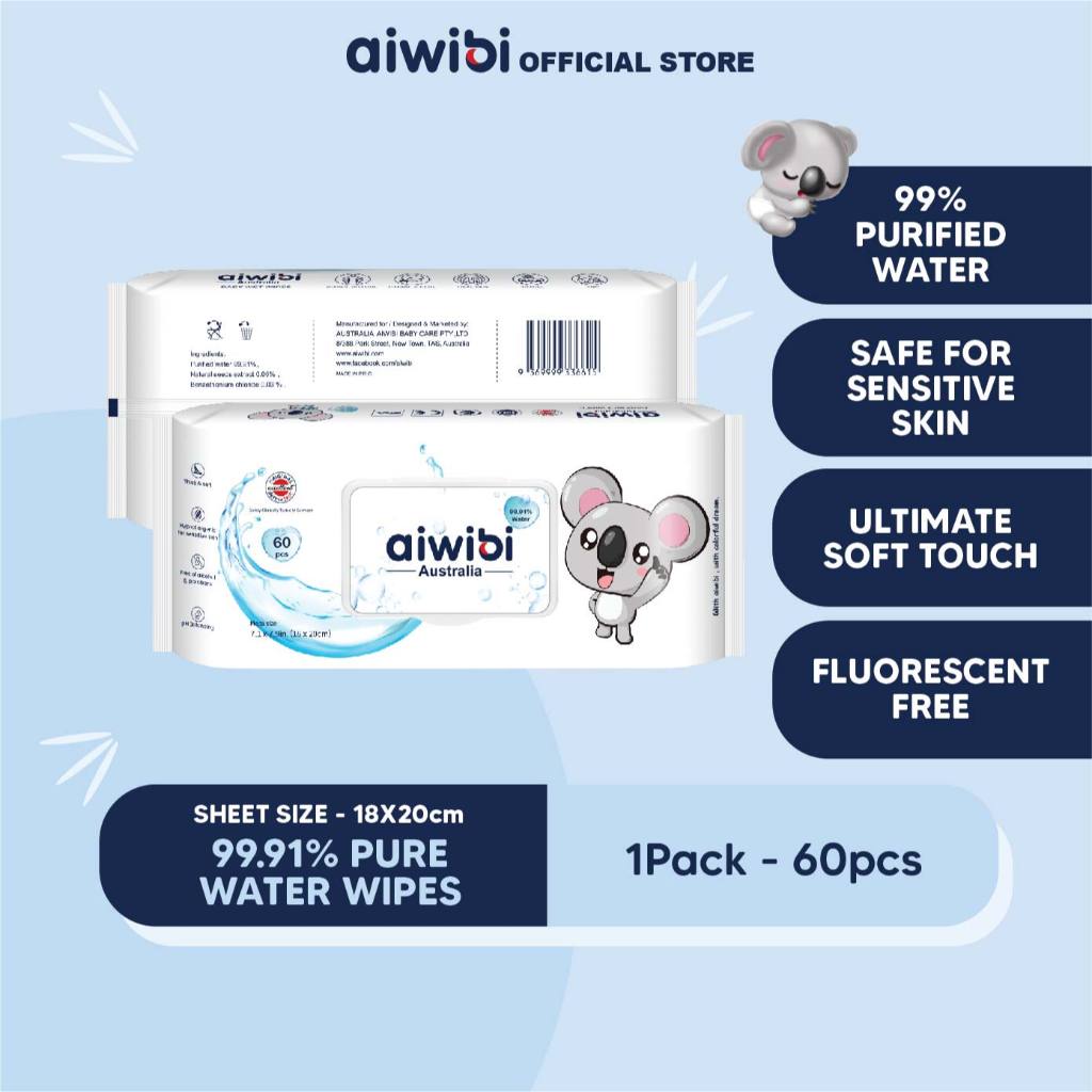 Aiwibi Baby Pure Water Wipes - With Cover Lid 60's Sheets 99.91% Pure ...