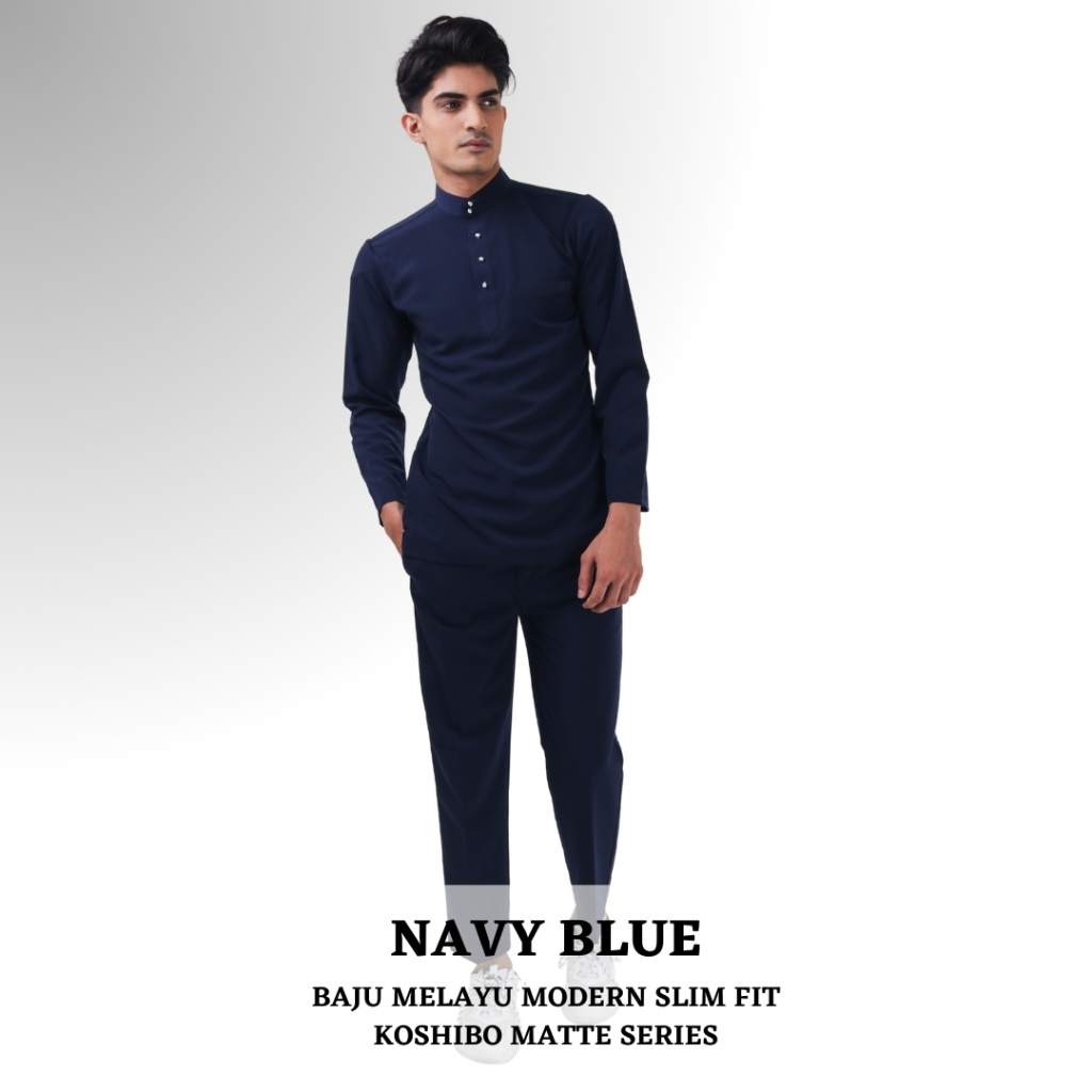 Navy Blue Baju Melayu Modern Slim Fit Cekak Musang Dual Zip Set