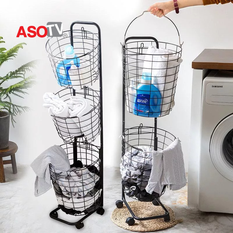 ASOTV® 3 Tier Laundry Basket with Wheels (22x33x123cm) 0134 Laundry Rack Laundry Basket Bakul