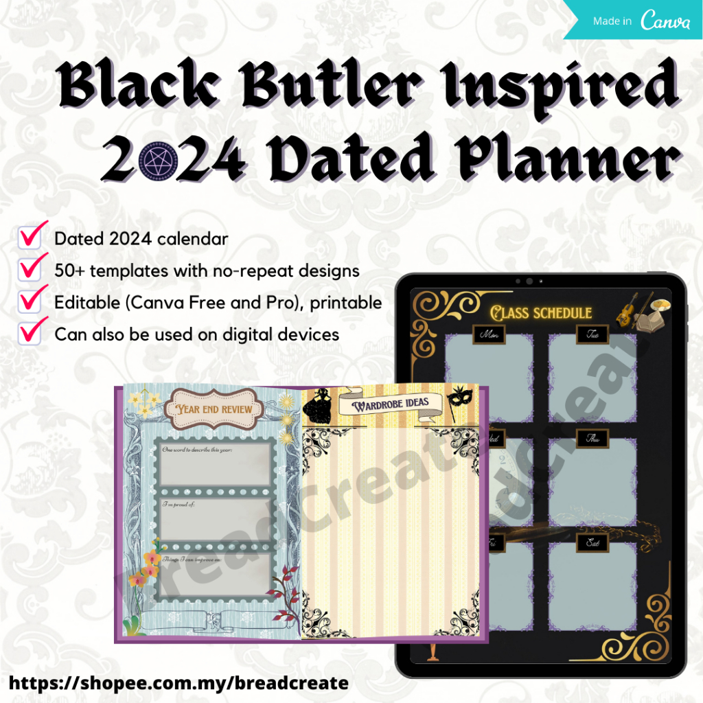 Kuroshitsuji Black Butler Inspired Digital 2024 Dated Planner Editable