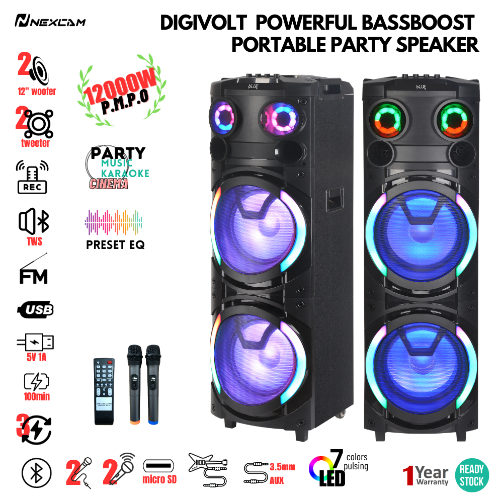 DIGIVOLT Powerful Dual 12 inch Woofers Tweeter Bluetooth