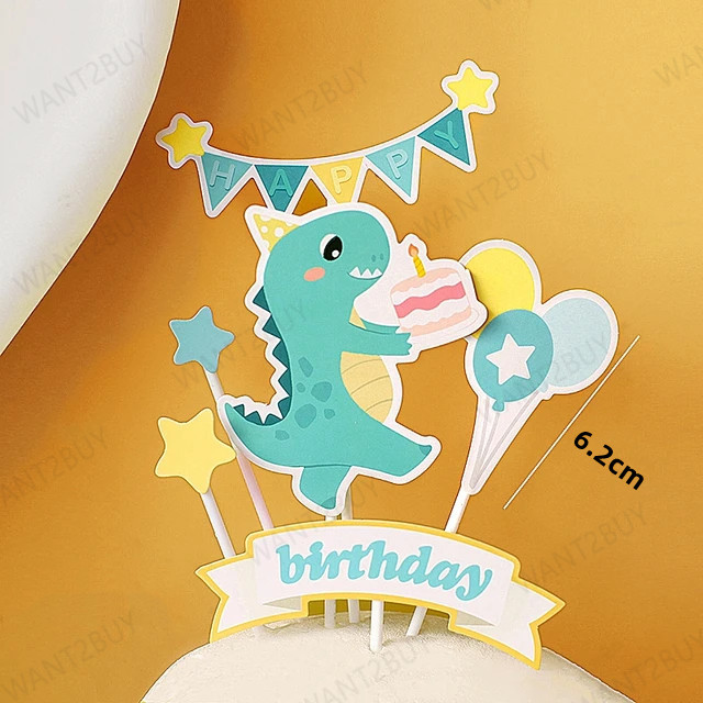 JollyEst® 3D Dinosaur Cake Topper | Colourful 14 Piece Set | Handmade Polymer Clay And Felt With Happy Birthday Sign