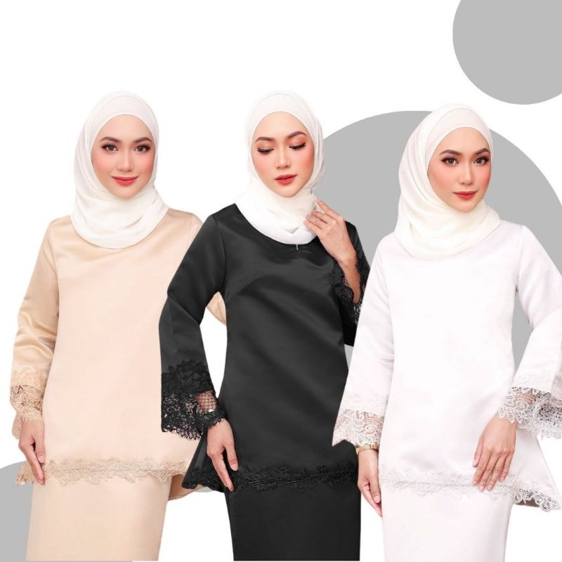 BAJU RAYA 2024 KURUNG MINI MODEN LACE DUCHESS SATIN WHITE BLACK KHAKI ...