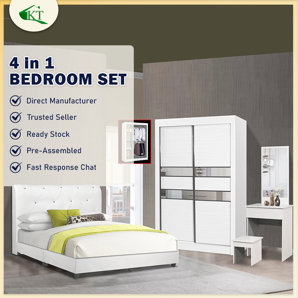 Bedroom Set Sliding Door Wardrobe Queen Bedframe Bedside Table Dressing ...