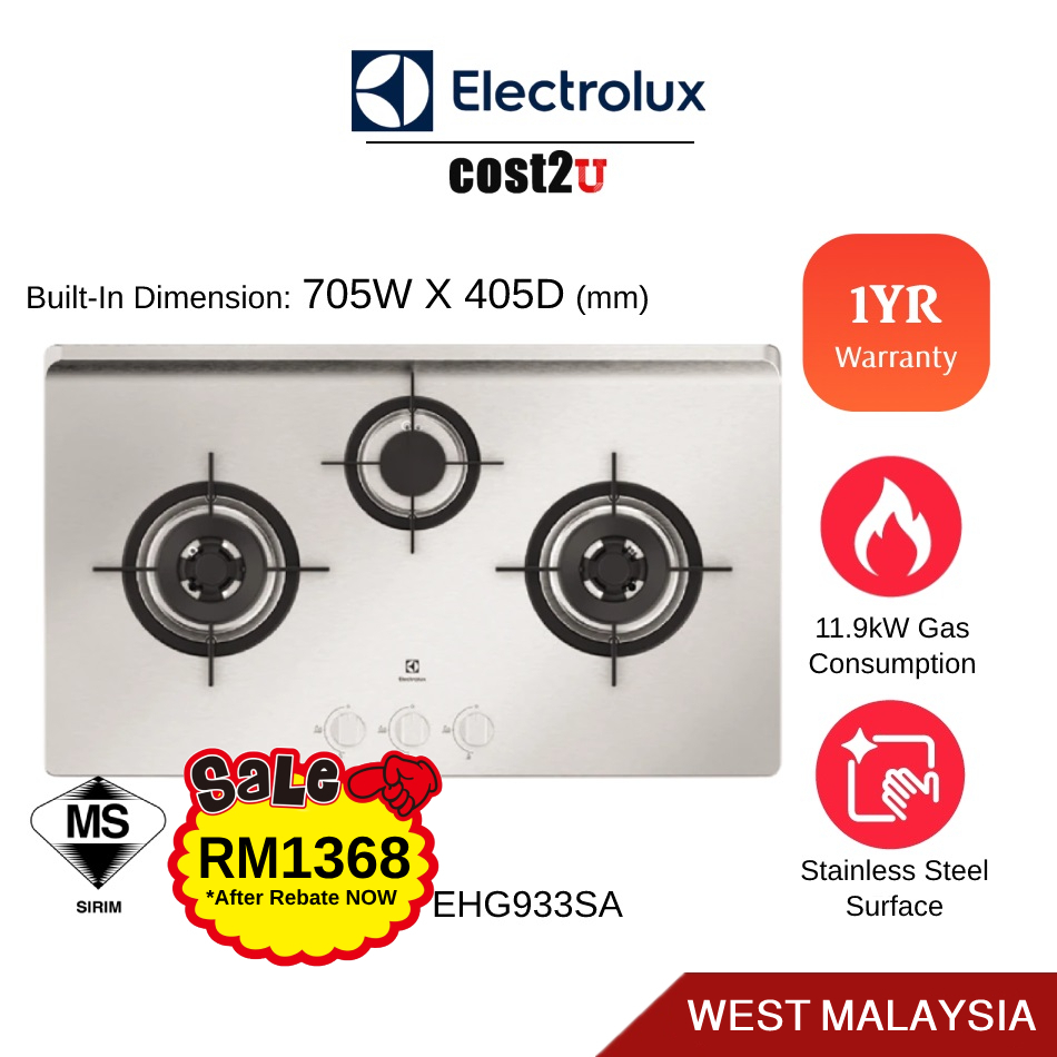Electrolux 86cm UltimateTaste 300 Stainless Steel BuiltIn Gas Hob EHG933SA (Gas Cooker Gas