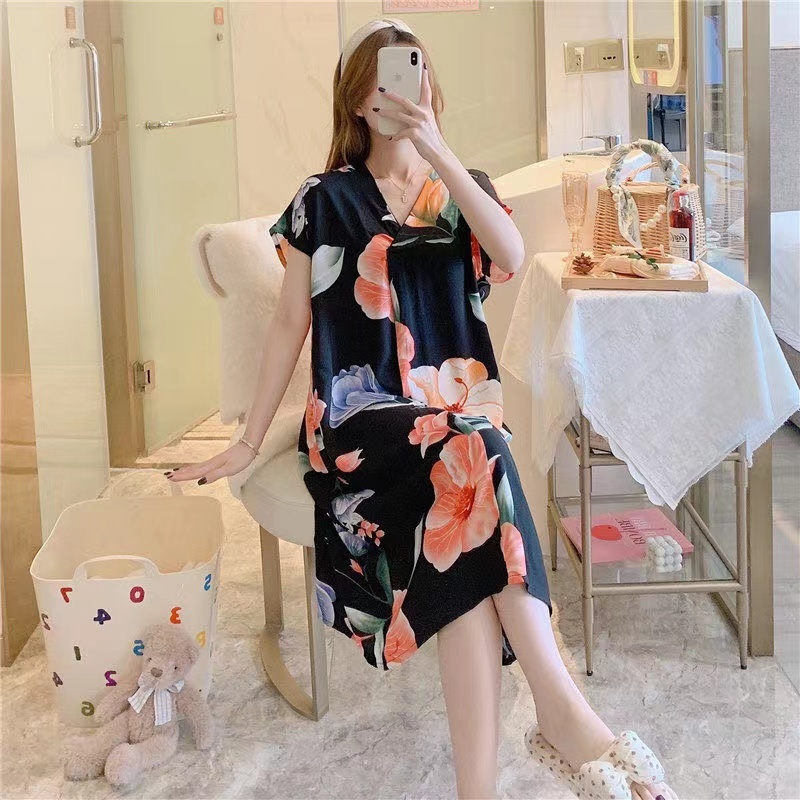 baju tidur wanita plus size Night dress pajamas Cotton silk V neck nightdress ladies sleeping dress pyjamas Shopee Malaysia