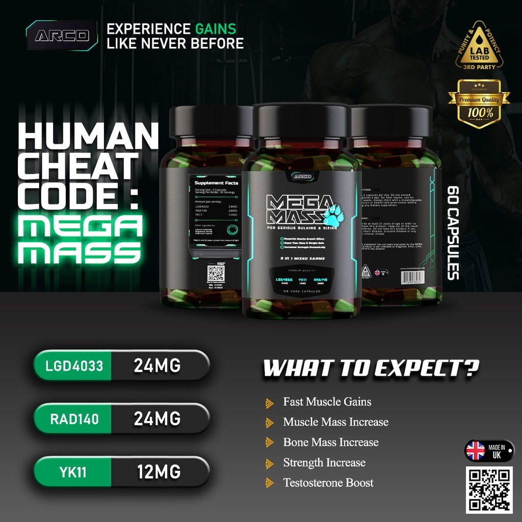 SARMS MEGAMASS Arcosarms [LGD4033 + RAD140 + YK11] 60 Capsules Mixed ...