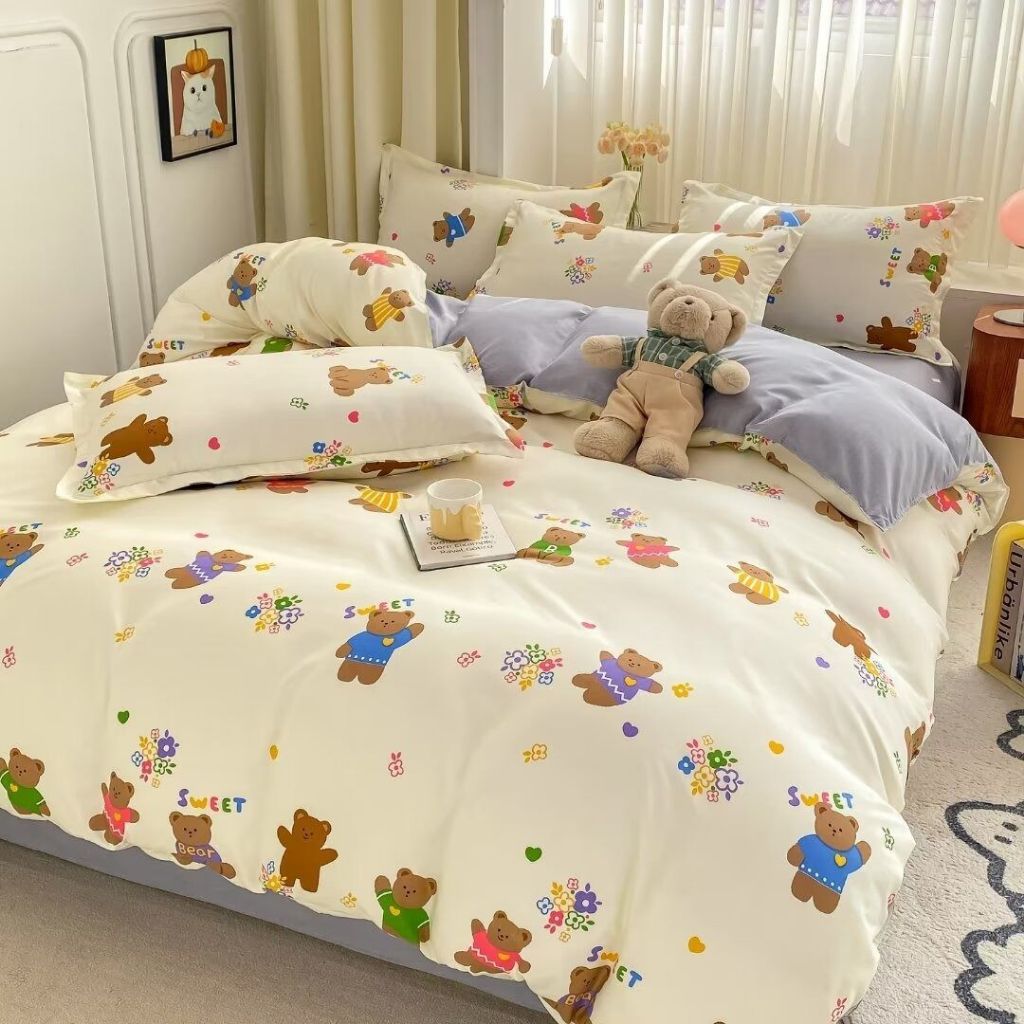 7in1 King & Queen Size Vintage Sweet Cute Little Bear Cartoon Bedsheet ...