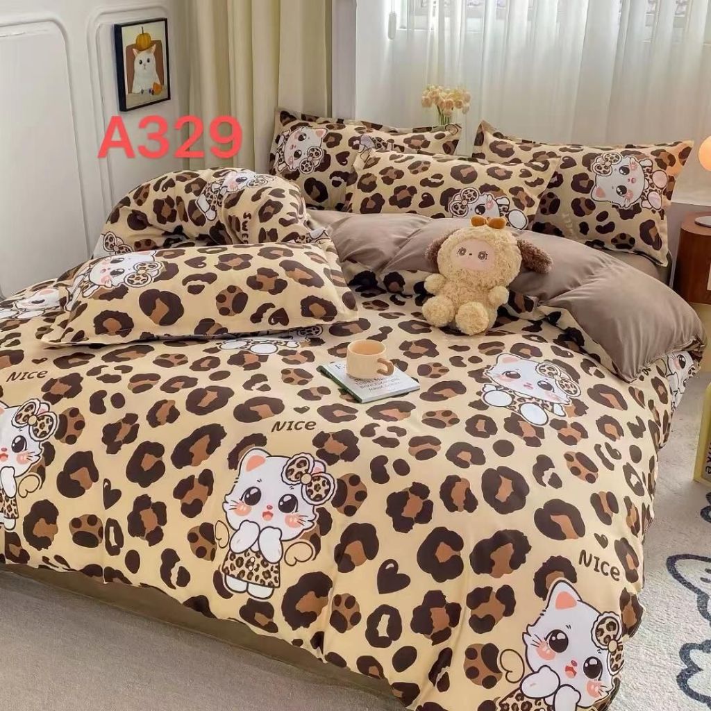 7in1 King & Queen Size Vintage Leopard Cute Kitty Bedsheet With ...