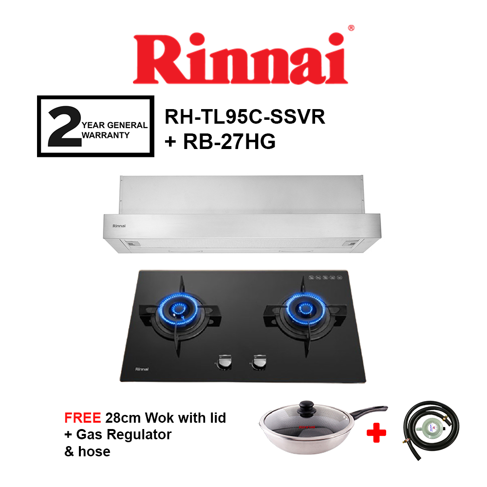 Rinnai Hood RHTL95CSSVR + 76cm Builtin Gas Hob RB27HG 2 Burner