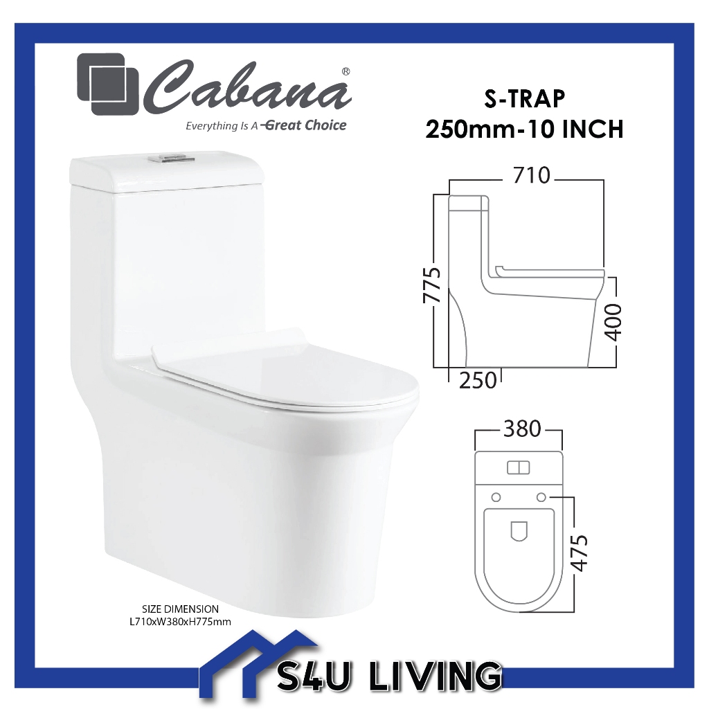 [ Maximum 1 unit per order ] SORENTO CABANA One Piece WC Toilet bowl Jamban Tandas S-Trap Washdown rimless water closet