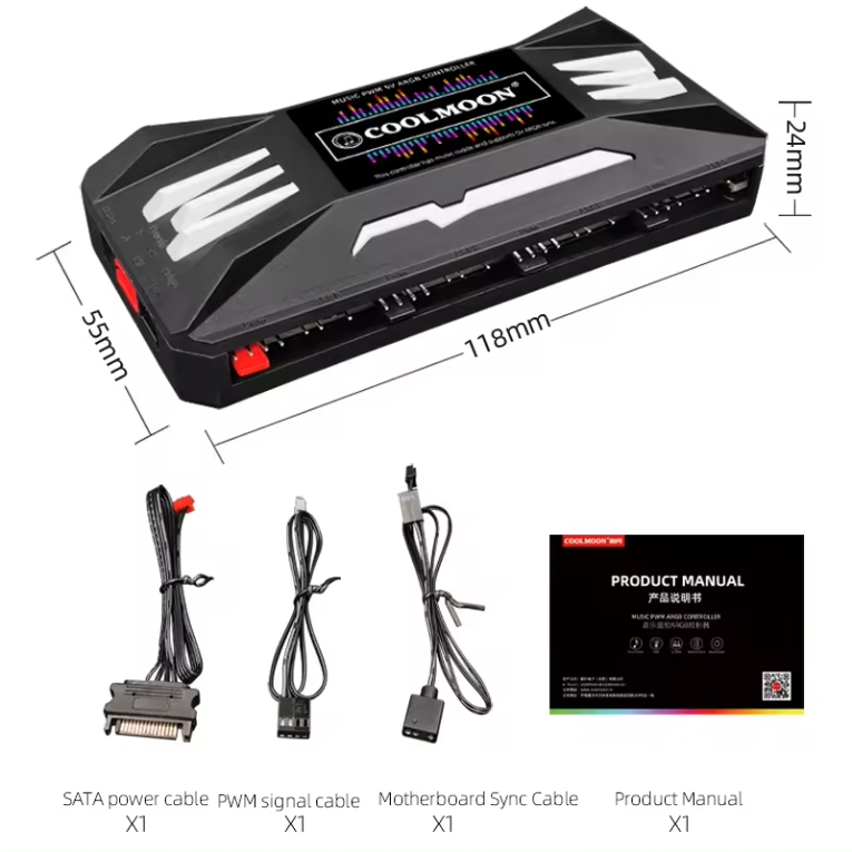 COOLMOON ARGB Music Rhythm Hub (5V 3PIN ARGB+4 Pin PWM) PC Case CPU Fan ...