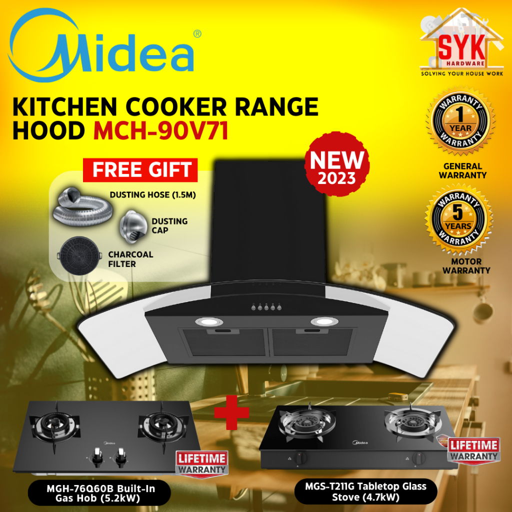 SYK Midea MCH-90V71 Cooker Hood and Hob Set Kitchen Appliances Gas ...