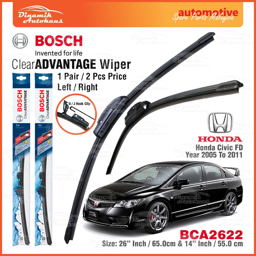 Honda Civic FD FB Year 2006 To 2015 Car Front Windscreen Soft Wiper Size 26 22 Inch Bosch Clear Advantage BCA2622 Shopee Malaysia