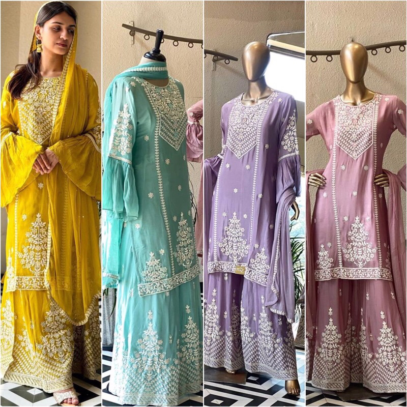 Heavy Faux Georgette With Heavy Embroidery Sequence Work & Rivet Moti Work With Elastic Palazzo Dress