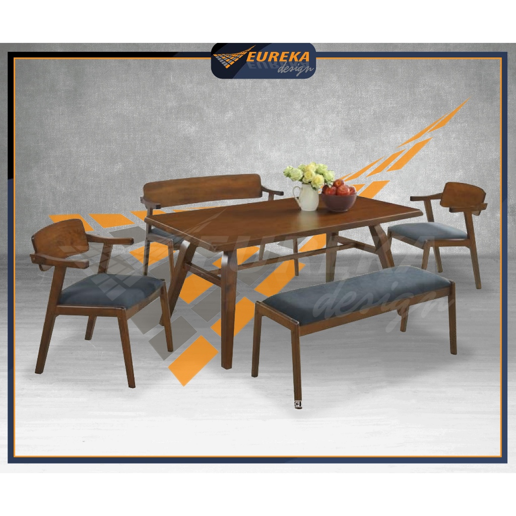 EUREKA 5.5ft Dining Table Chair 1+2+1+1 Set Wood / Kerusi Meja CV8010 ...