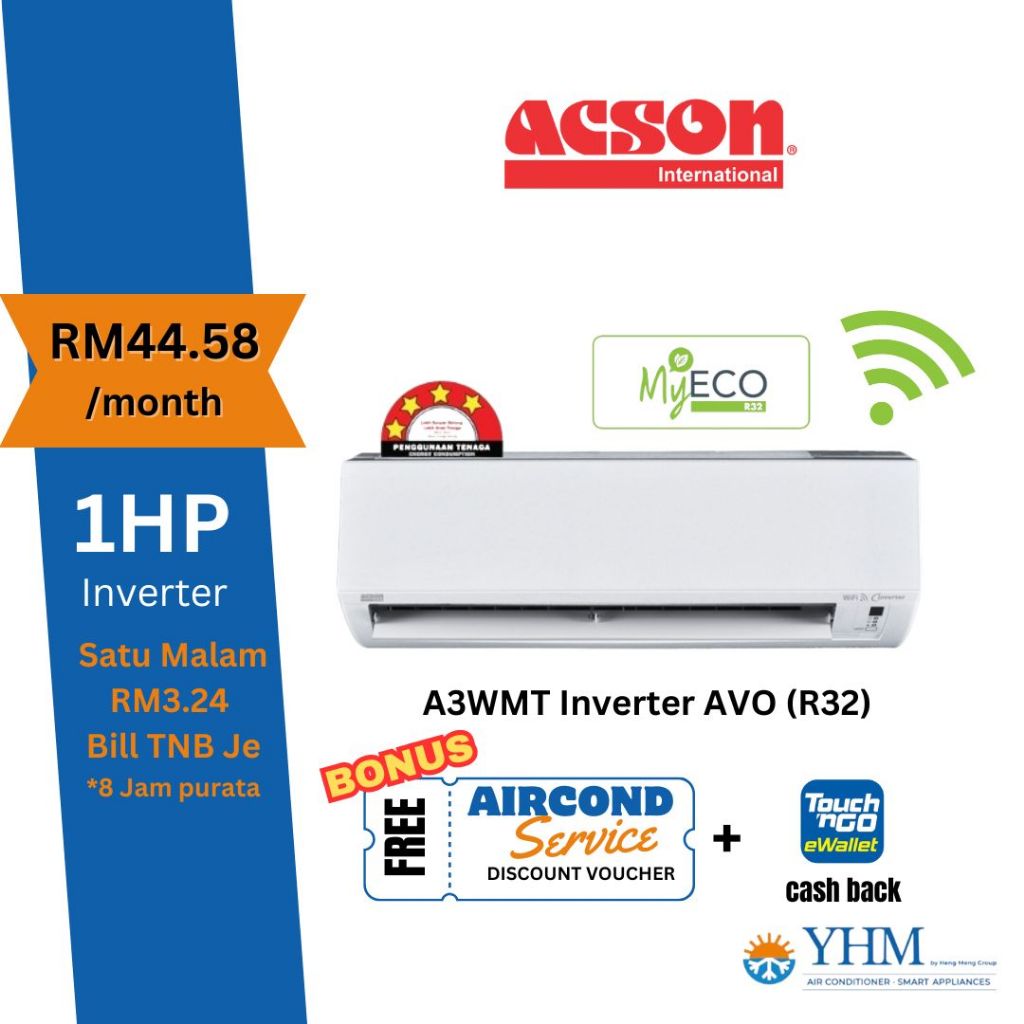 Installment Acson wifi aircond inverter 1hp 1.5hp 2hp 2.5hp R32 gas air ...