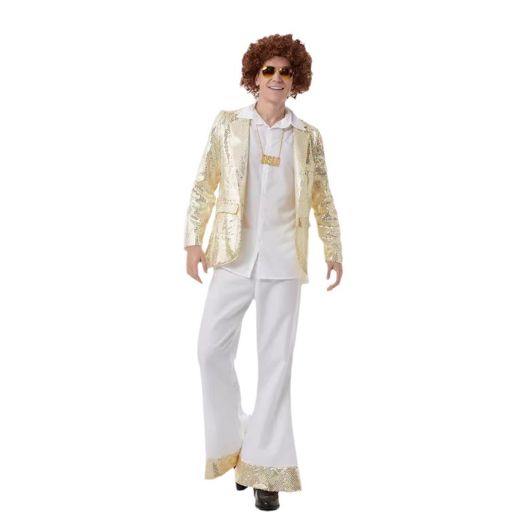 Men 60 70s Disco Dazzler Retro Costume Sparkle Metallic Hippie Jumpsuit ...