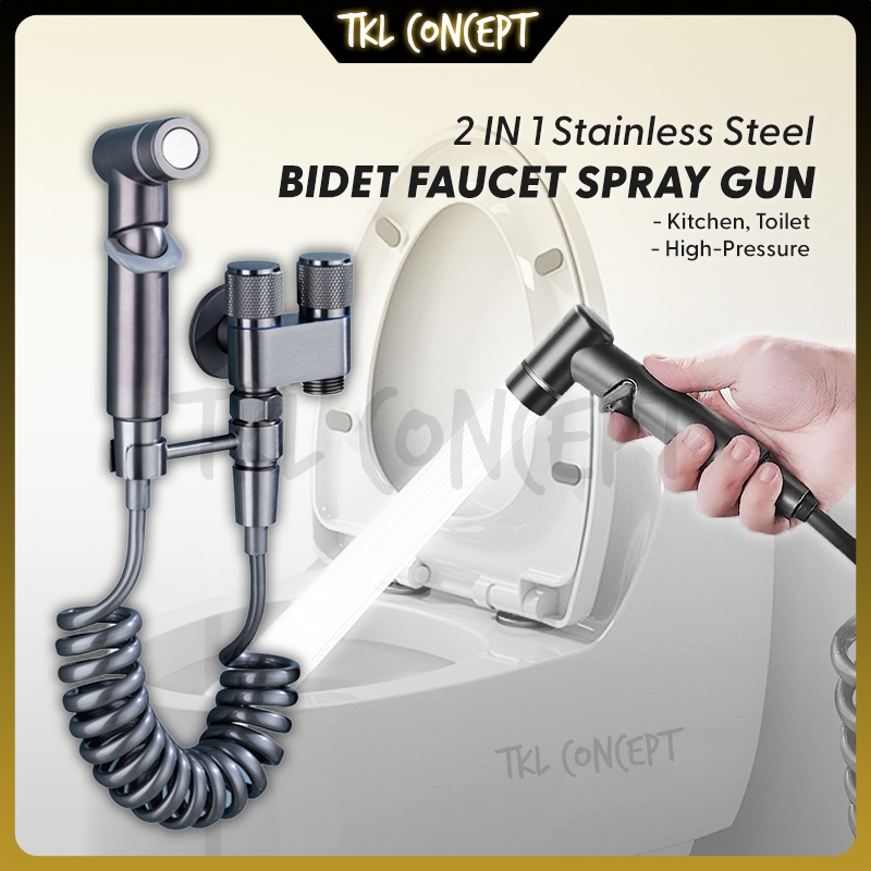 ???TKL???2 in 1 Stainless Steel Double Bidet Set Faucet Spray Gun Pipe High ...
