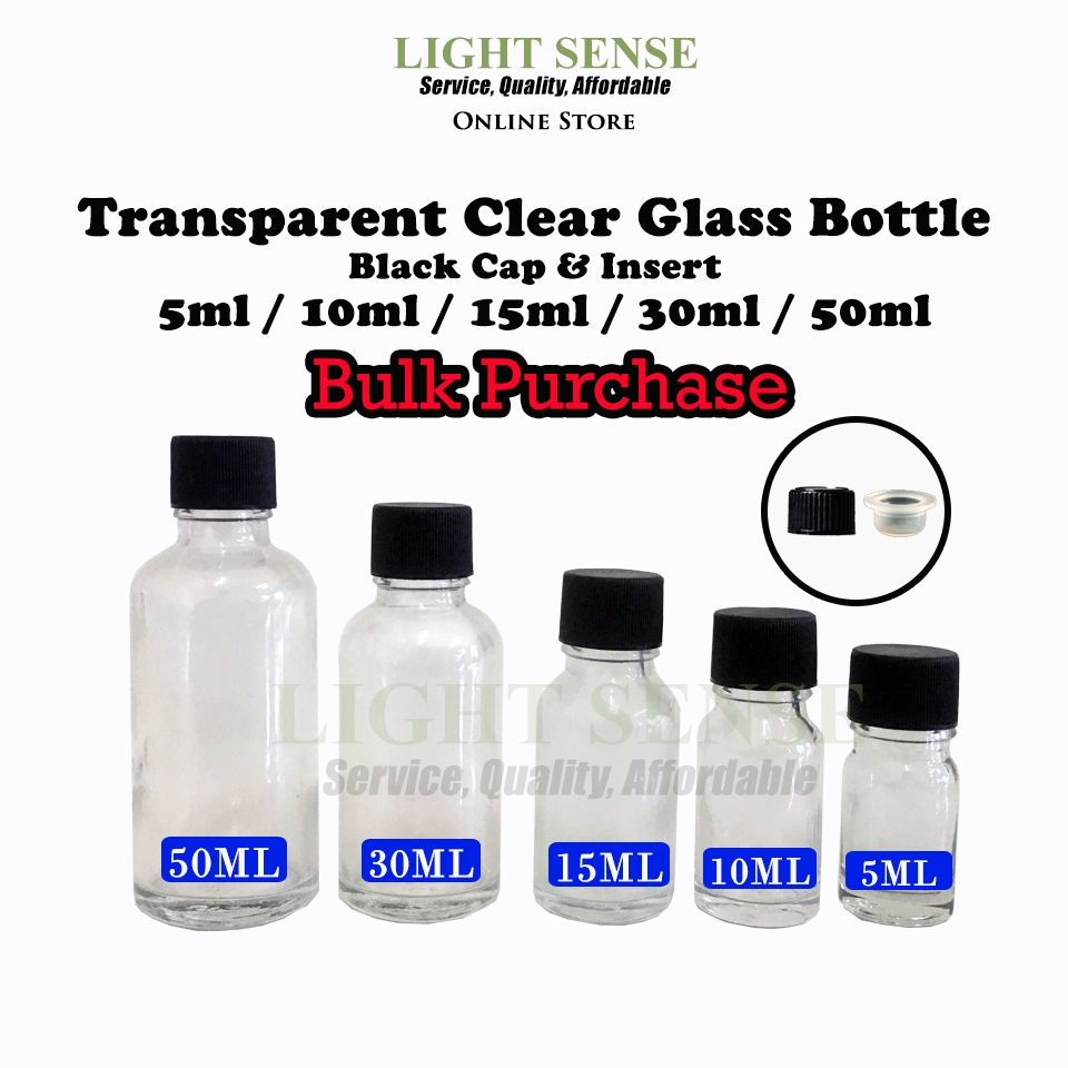[Bulk Purchase] Transparent Clear Glass Bottle With Black Cap & Insert ...