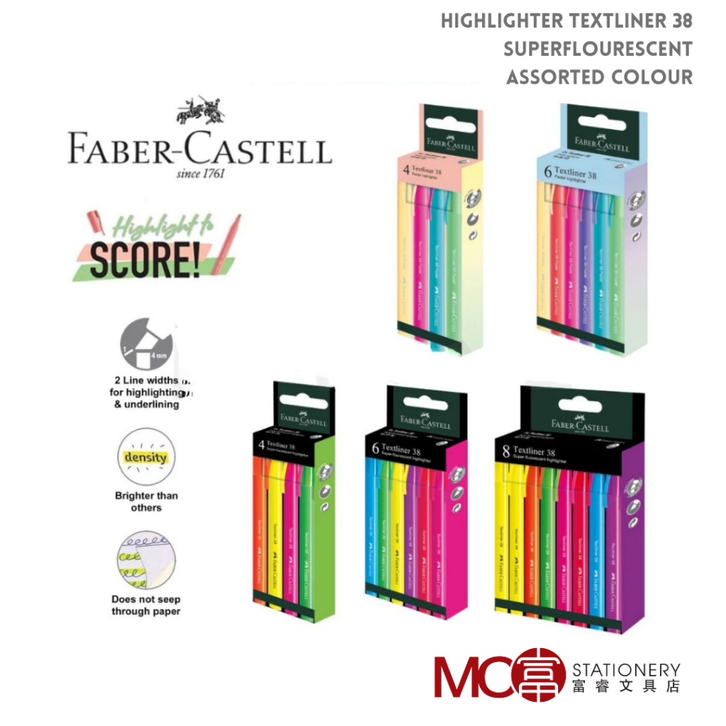 Faber Castell Textliner 38 Highlighter Fluorescent / Pastel Colour 4's ...