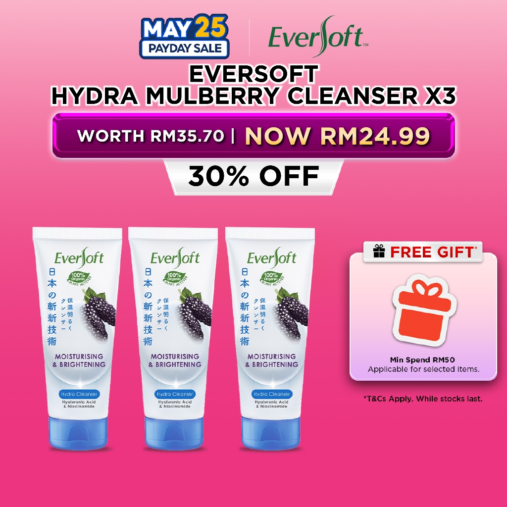 EVERSOFT Hydra Mulberry Cleanser 100g x3 Hydrate & Brighten Skin