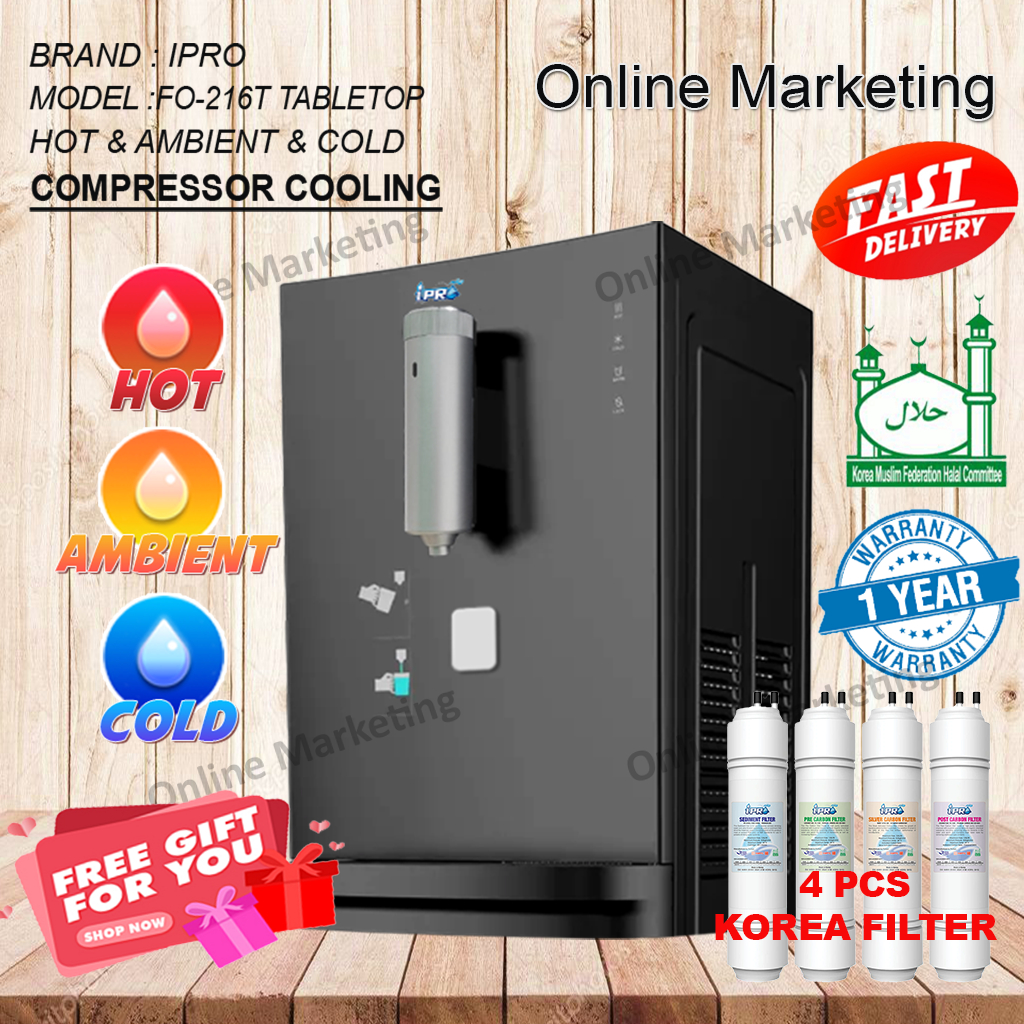 NEW 2024 iPRO FO216T Penapis Air Panas Hot Ambient Cold Desktop Water Dispenser With 4 pcs