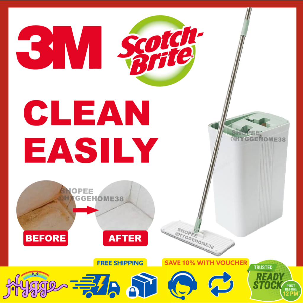 3M Scotch Brite Flat Mop With Dry Wet Split Bucket Hands Free Easy Wash ...
